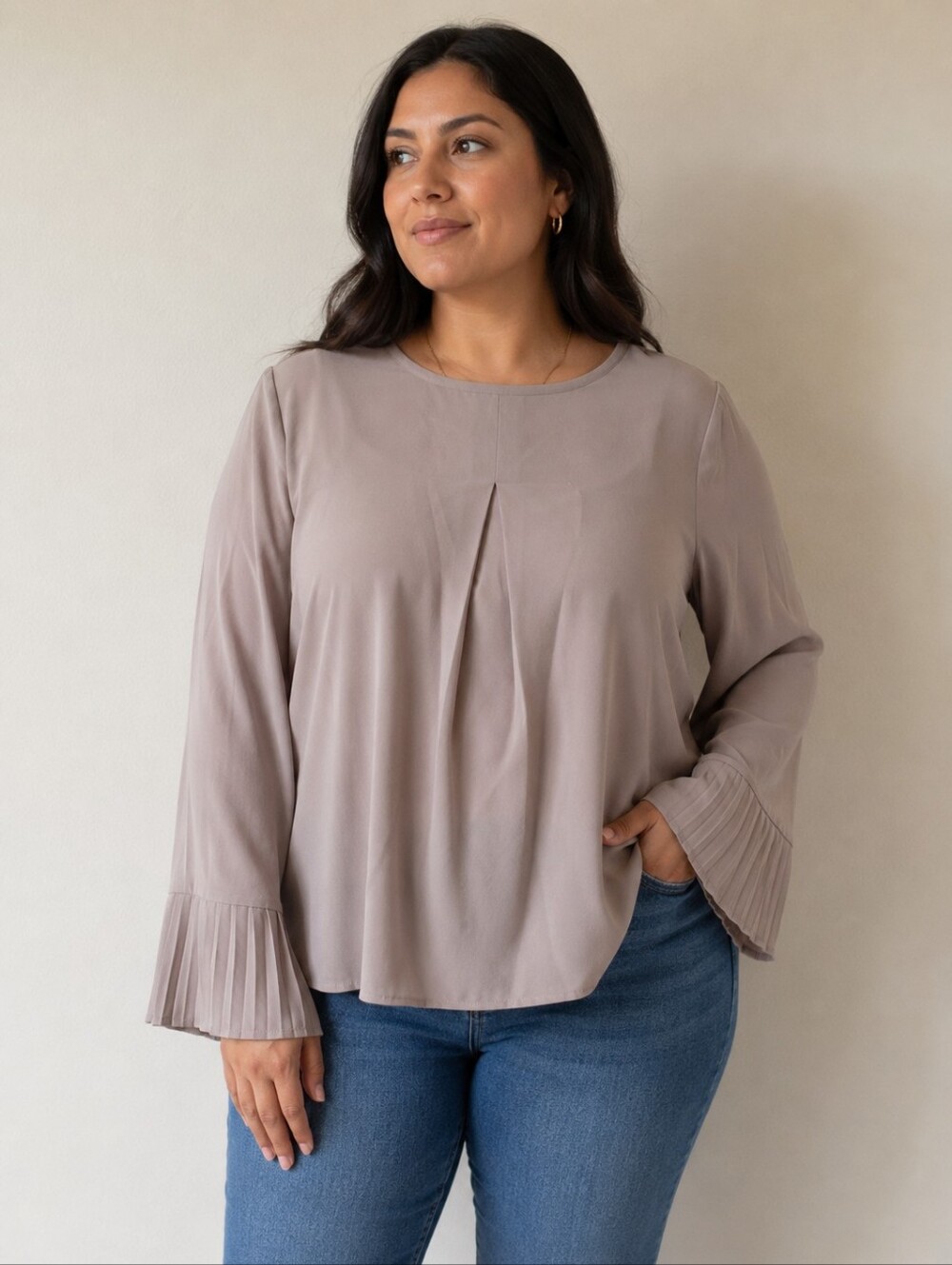 SHEIN Beige Pleated Sleeve Top
